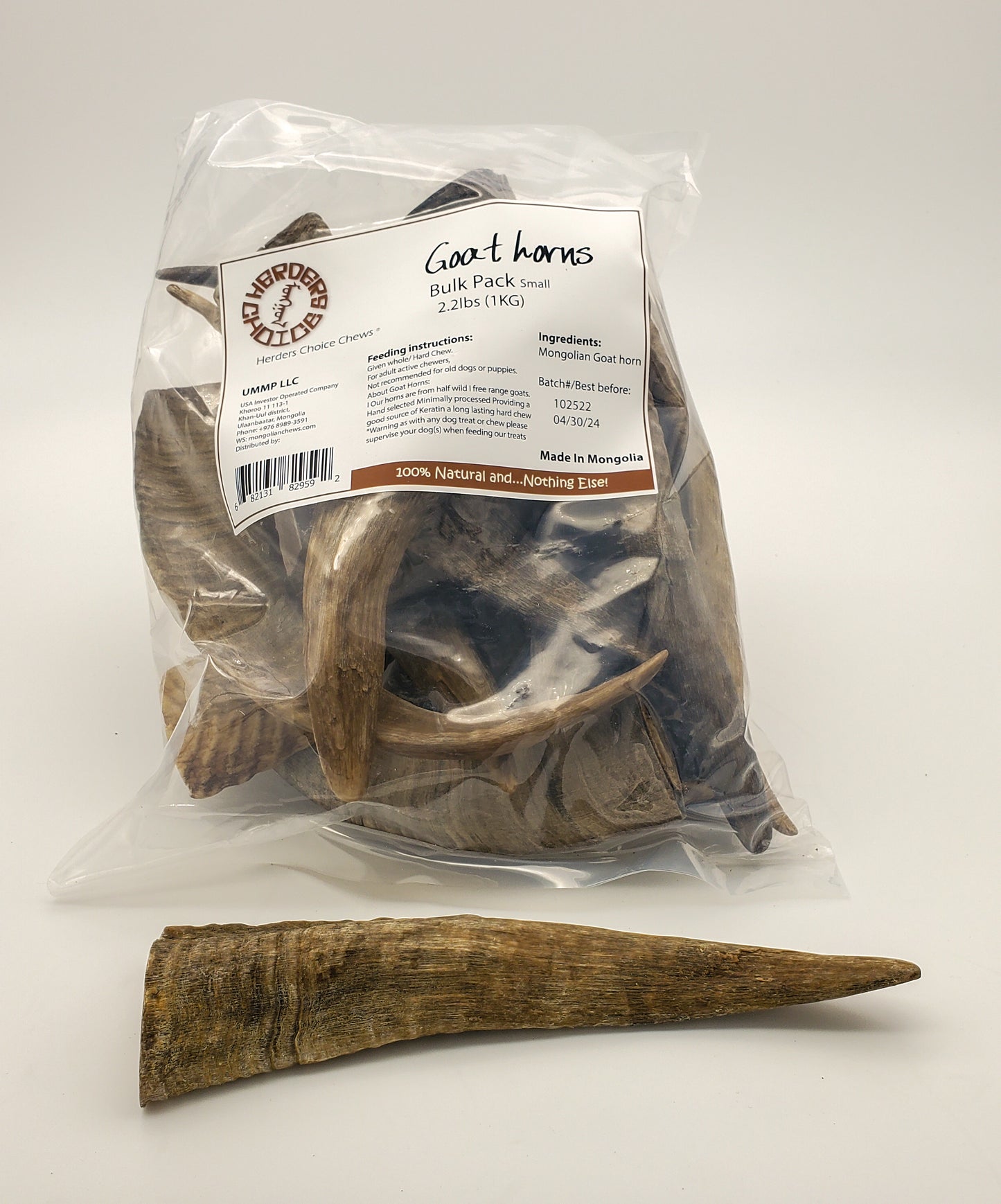 Herders Choice small dried goat horns from ummpllc, 2.2 lb. bulk pack, ideal for natural dog chews or pet treats.