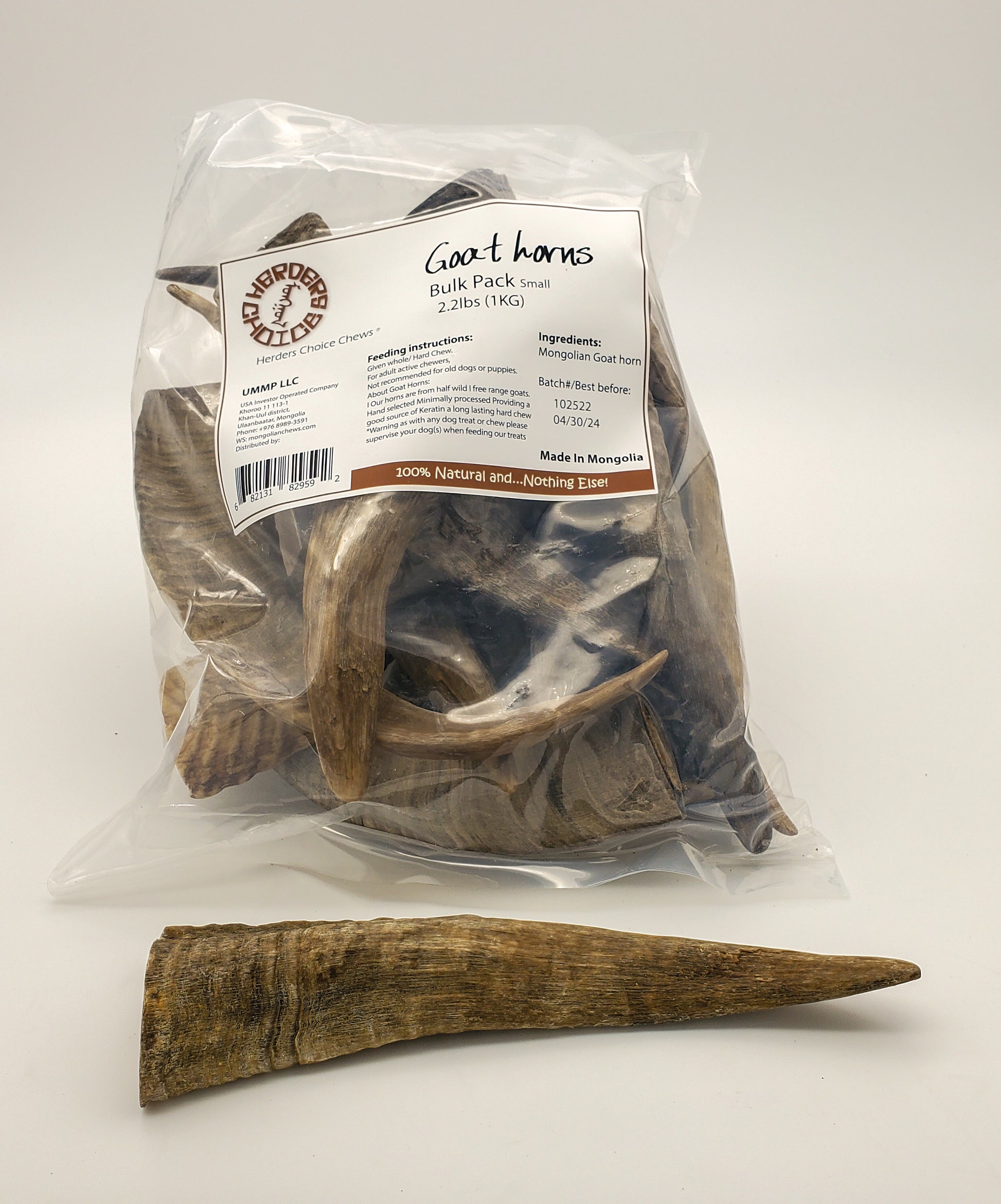 Herders Choice small dried goat horns from ummpllc, 2.2 lb. bulk pack, ideal for natural dog chews or pet treats.
