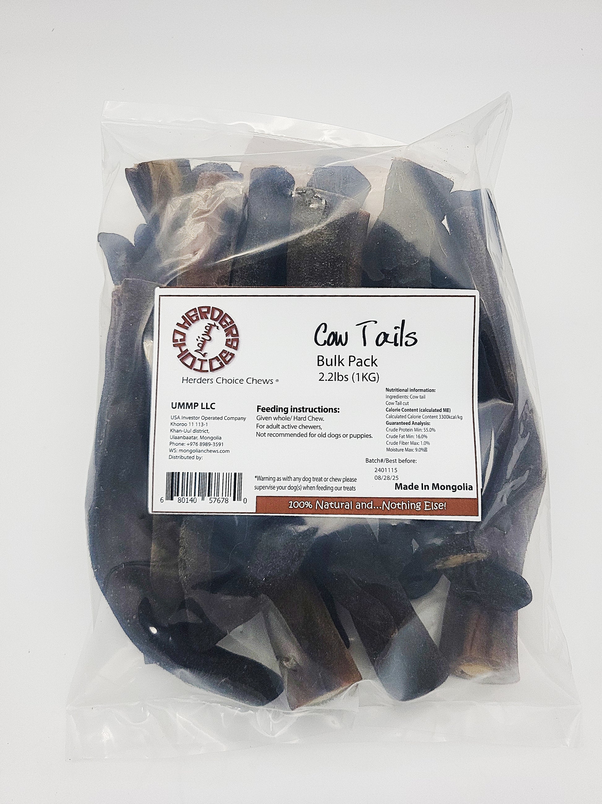 Herders Choice Chews Dried Cow Tails Dog Chew Bulk Pack 2.2 lb. (1kg)  Retail - Mongolian Chews