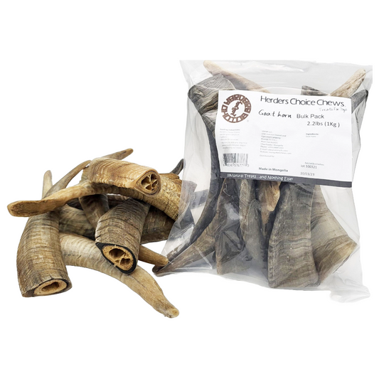Herders Choice Chews Dried Goat Medium Horns bulk pack 2.2 lb. (1kg)  Retail - Mongolian Chews