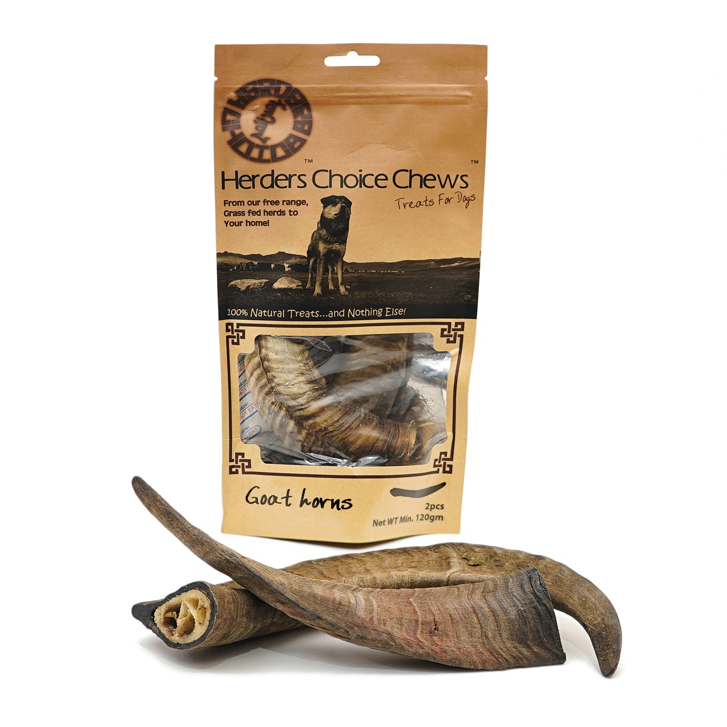 Herders Choice Chews Dried Goat Horns for Dogs 2pcs.  Retail - Mongolian Chews